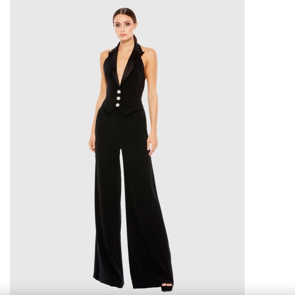 NEW IEENA for MAC DUGGAL Black PLUNGE Halter Neck TUXEDO Evening JUMPSUIT 2 - Picture 16 of 16